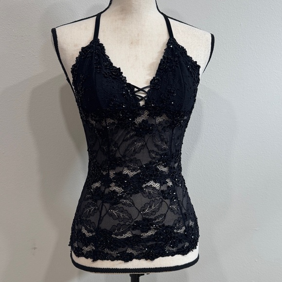 bebe Black Lace Halter Top - Picture 1 of 7